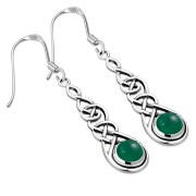 Green Agate Celtic Silver Long Drop Dangle Hook Earrings - e297